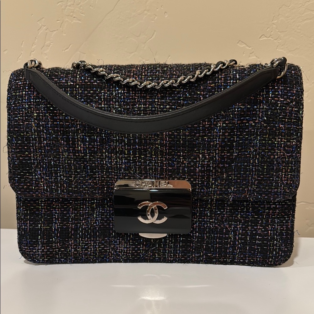 ❤️ Auth Chanel Beauty Lock Multicolor Tweed Rainbow Black Classic Shoulder Bag